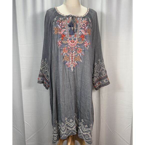 Johnny Was Embroidered Ellington Peasant Dress Size XL Boho Floral Gray - Picture 1 of 10